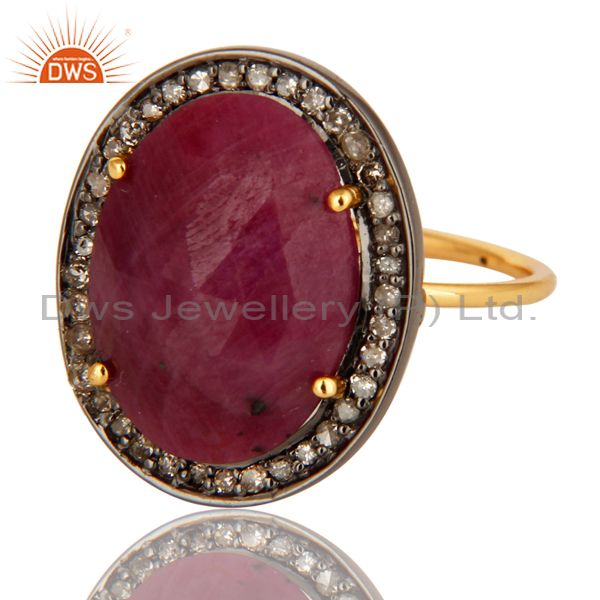 Exporter Natural Ruby Gemstone Pave Set Diamond 14K Yellow Gold Stackable Ring