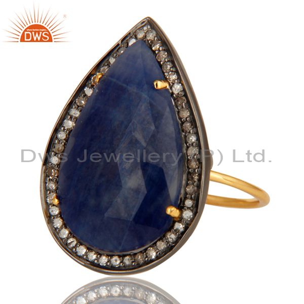 Exporter Natural Blue Sapphire Gemstone Pave Diamond 14K Yellow Gold Cocktail Ring
