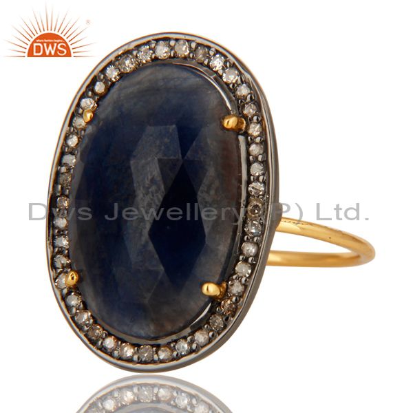 Exporter 14K Yellow Gold Natural Oval Blue Sapphire Cocktail Engagement Ring With Diamond