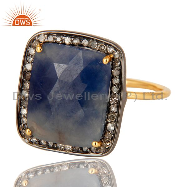 Exporter 14K Yellow Gold & Sterling Silver Blue Sapphire Pave Set Diamond Stackable Ring