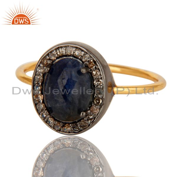 Exporter Natural Blue Sapphire Gemstone And Pave Diamond 14K Gold Wedding Stackable Ring