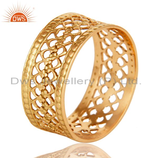Exporter 18K Solid Yellow Gold Handmade Filigree Wide Band Wedding Ring