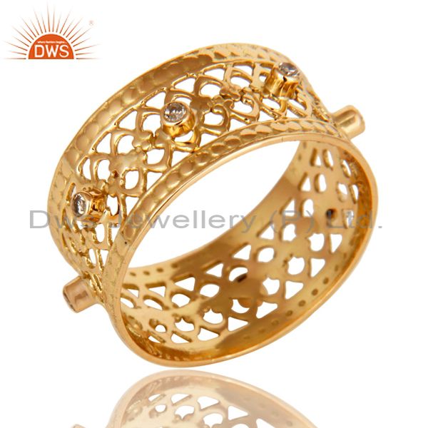 Exporter 18K Solid Yellow Gold Natural Diamond Handmade Filigree Wide Band Wedding Ring