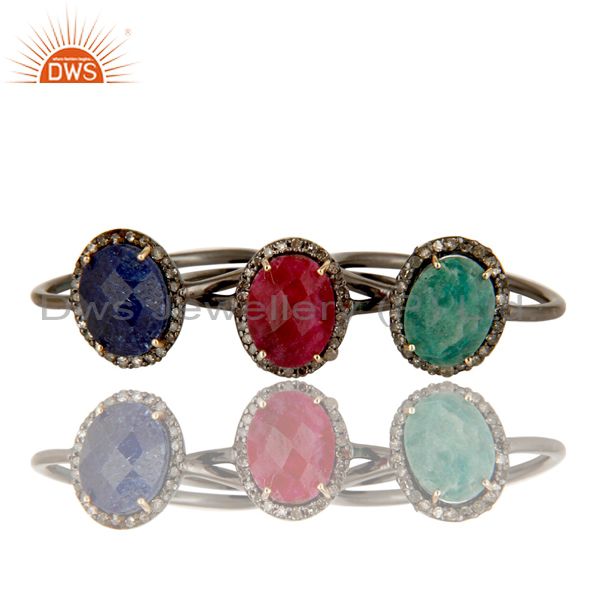 Exporter 14K Gold Blue Sapphire, Emerald And Ruby Pave Diamond Stacking Ring 3 Pcs Set