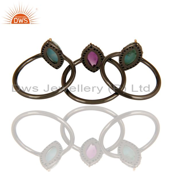Exporter 14K Solid Yellow Gold Larimar, Amethyst And Pave Diamond Stacking Ring 3 Pcs Set