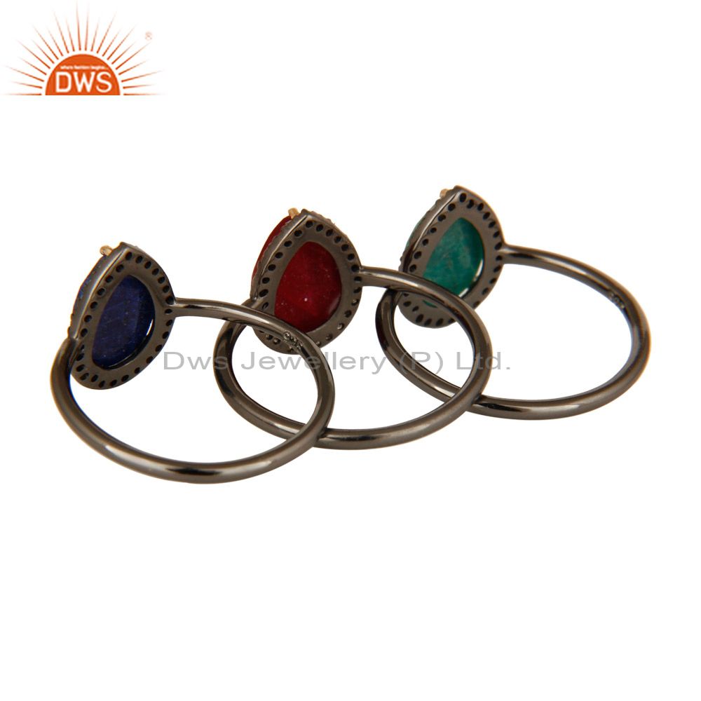 Exporter 14K Gold Pave Diamond Ruby, Emerald And Blue Sapphire Stack 3 Pieces Ring Set
