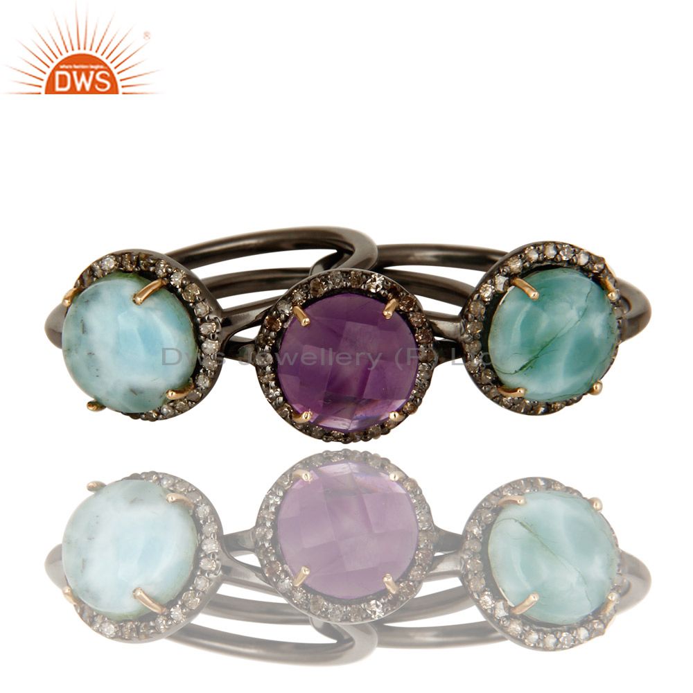 Exporter 14K Yellow Gold Pave Diamond Amethyst And Larimar Stacking 3 Pieces Ring Set