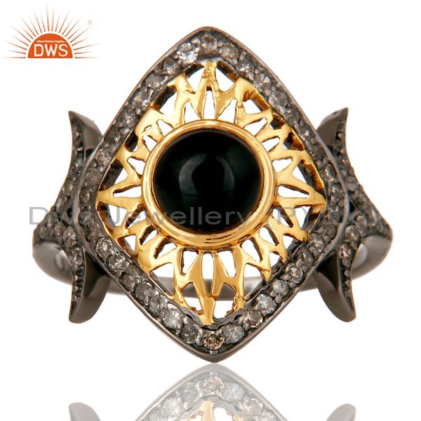 Exporter Black Onyx and Pave Diamond Ethenic Designer Black Oxidized Sterling Silver Ring
