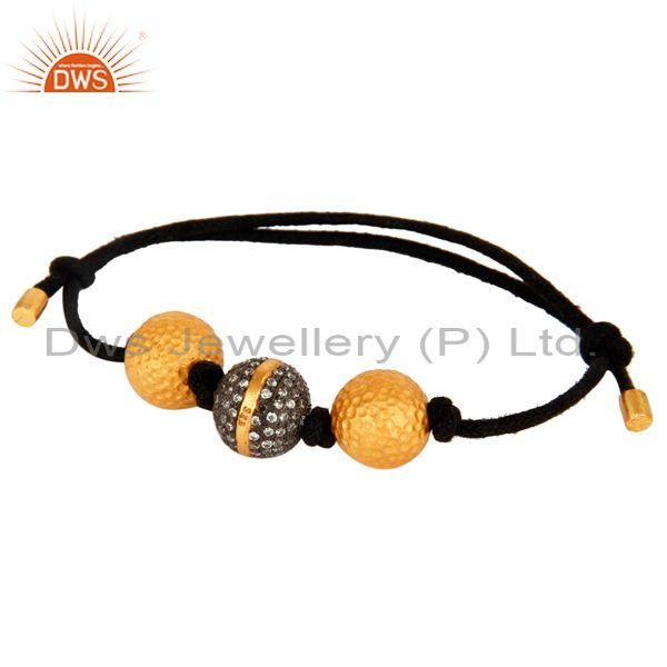 Exporter Gold Plated Sterling Silver Cubic Zirconia Beads Black Macrame Cord Bracelet