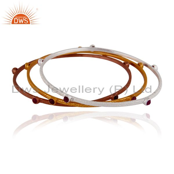 Supplier of Set of 3 pieces 925 silver ruby 18k gold plated stackable bangle