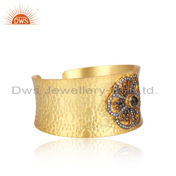 Texture Gold Plated Silver Flower Design Cz Cuff Bangle