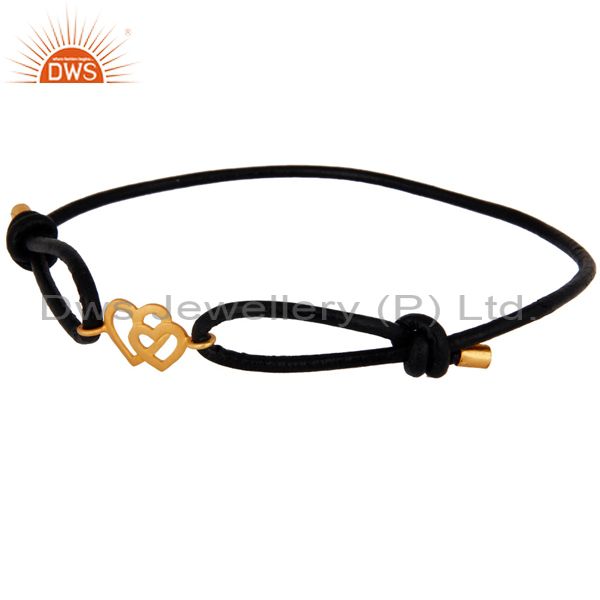 Exporter 24k Gold Plated Sterling Silver Double Heart Charm Black Cord Bracelet Jewelry