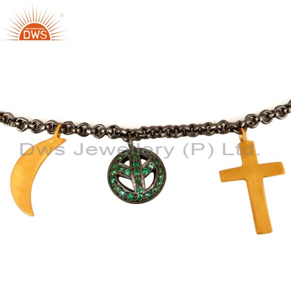 Exporter 18K Gold And Black Rhodium Plated Emerald Green CZ Charms Ladies Chain Bracelet