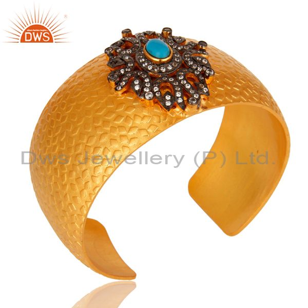 Exporter 24K Yellow Gold Plated Brass Textured Cuff Bracelet With Turquoise And CZ