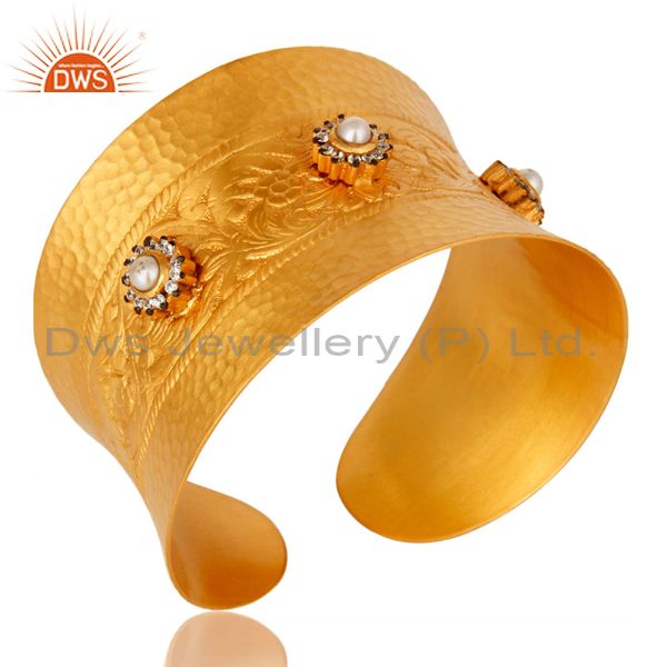 Exporter 18K Yellow Gold Plated Natural Pearl And CZ Wide Cuff Bracelet Bangle