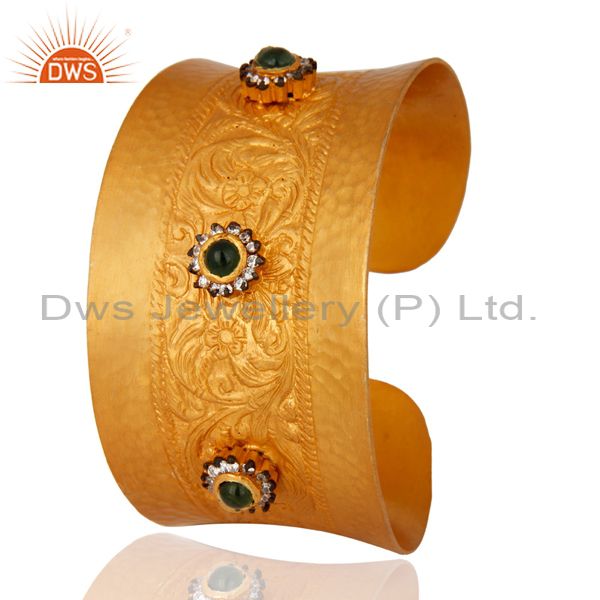 Exporter Gold Plated Tourmaline 925 Silver Bangle Bracelet With Engraved Floral Designer