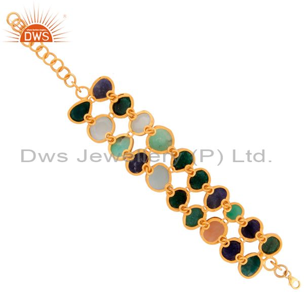 Exporter 24k Yellow Gold Plated Sterling Silver Double Row Multi Color Semi Precious Sto