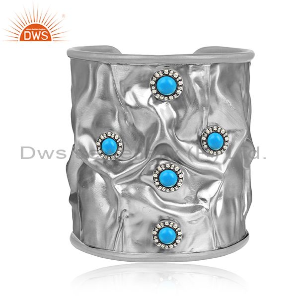Cz And Round Turquoise Set Handhammered Oxidized Silver Cuff