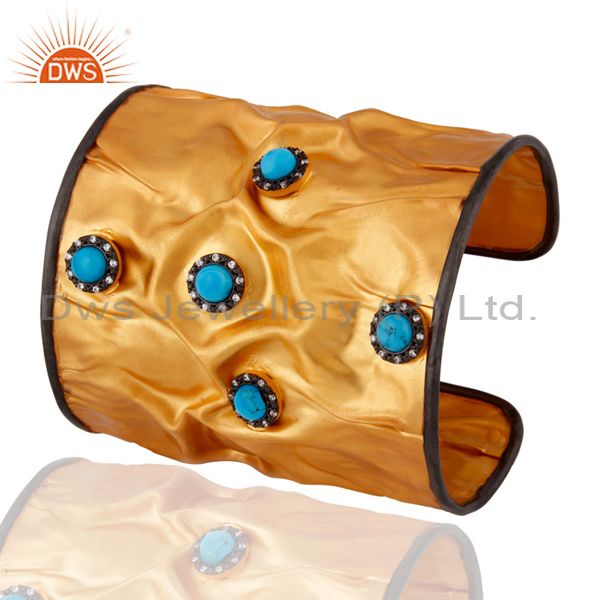 Exporter 18K Yellow Gold Plated Sterling Silver Designer Wide Cuff With Turquoise