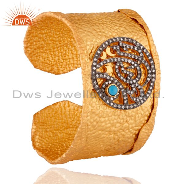 Exporter 22K Gold Plated Sterling Silver Turquoise And CZ Textured Cuff Wide Bangle