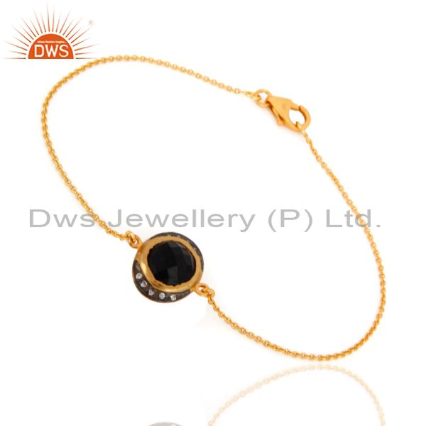 Exporter 18K Gold Plated Sterling Silver Black Onyx And CZ Fashion Chain Bracelet