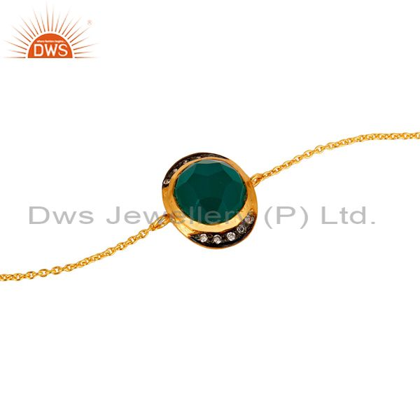 Exporter 18K Gold Plated Sterling Silver Green Onyx And CZ Fashion Chain Bracelet