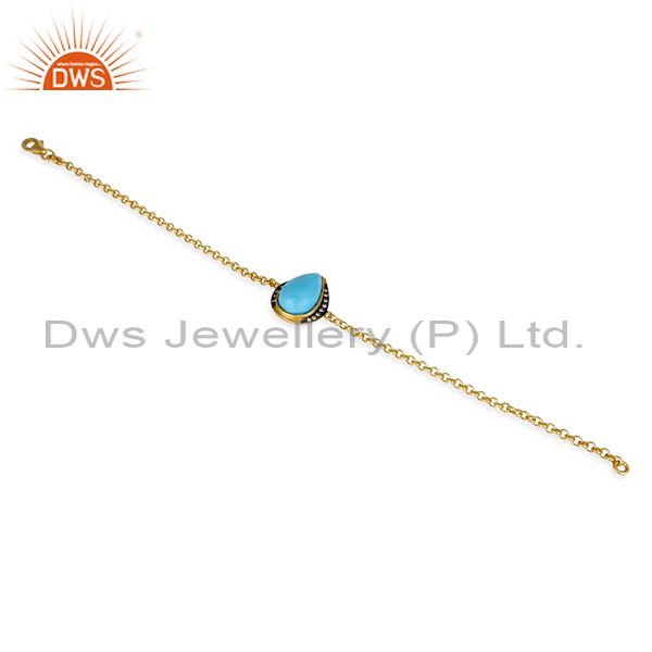 Exporter 14K Yellow Gold Plated 925 Sterling Silver Handmade Turquoise CZ Chain Bracelet