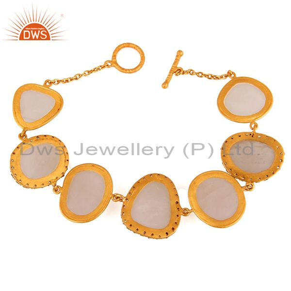 Exporter Rose Quartz Tumbled Gemstone Bracelet Made In 24K Yellow Gold Over 925 Silver