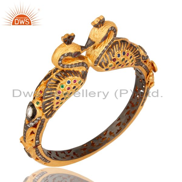 Supplier of 18k gold plated 925 silver mixed color cz double peacock bangle