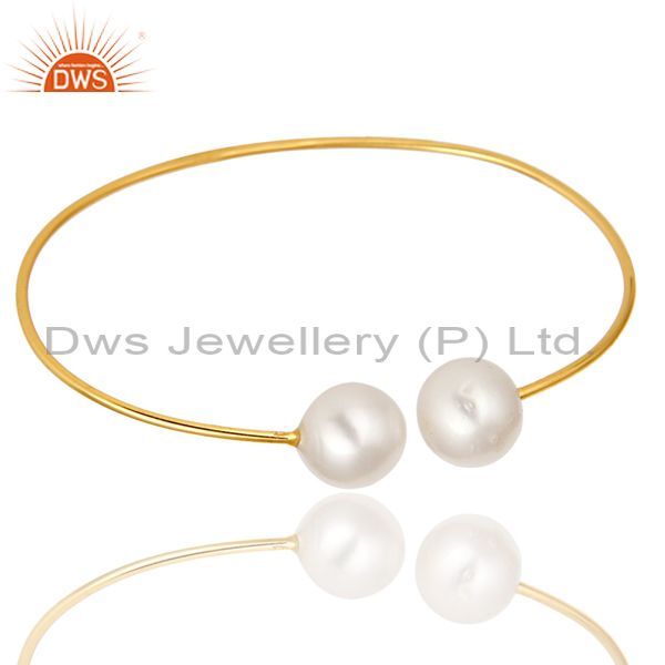 Exporter 14K Gold Plated Sterling Silver Natural White Pearl Stackable Open Bangle
