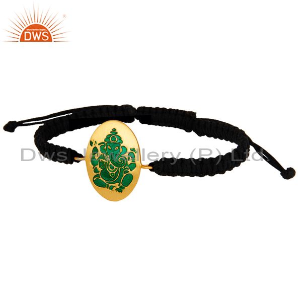 Exporter 18K Gold Plated Sterling Silver Indian God Ganesha Green Enamel Macrame Bracelet