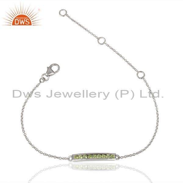 Exporter Handmade White Rodium 925 Sterling Silver Peridot Chain Adjustable Bracelet