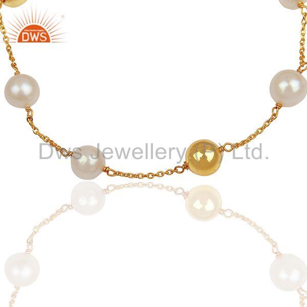 Exporter Natural Pearl and Gold Plated 925 Silver Ball Beads Chain Bracelet