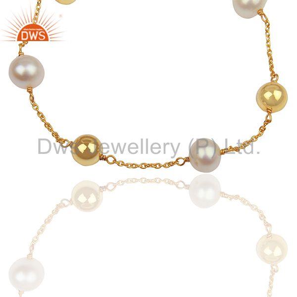 Exporter Round Pearl and 925 Silver Ball Gold Plated Chain Bracelet Jewelry