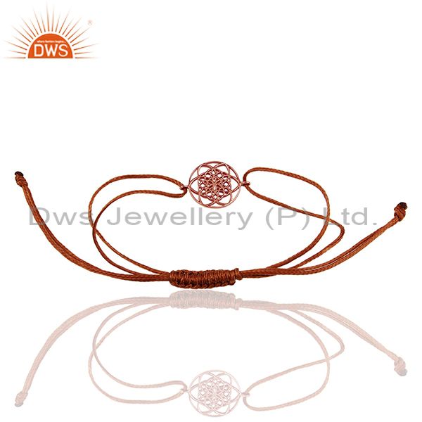 Exporter Flower Of Life 925 Sterling Silver Rose Gold Plated Brown Thread Bracelet