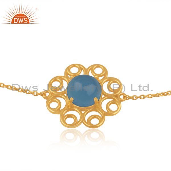 Supplier of Floral Gold Plated 925 Silver Blue Chalcedony Chain Bracelet Jewelry