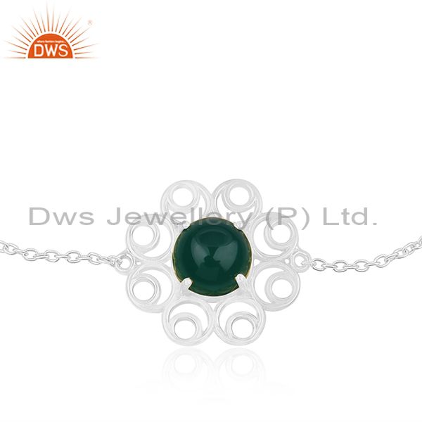 Supplier of 92.5 Sterling Silver Floral Design Green Onyx Gemstone Bracelet For Girls