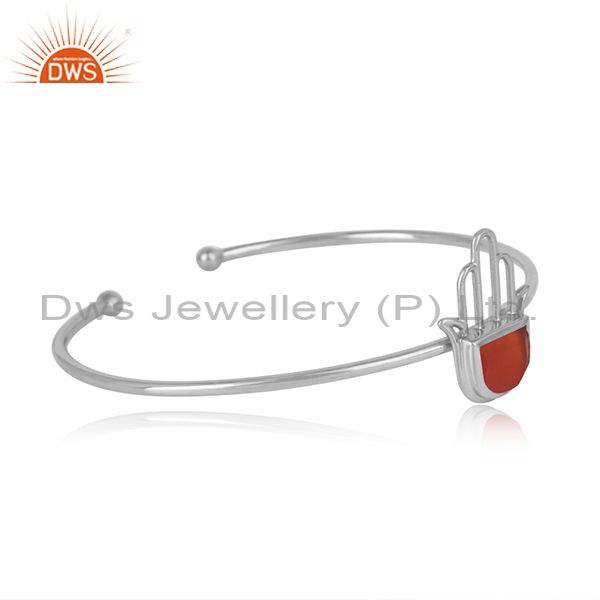Designer hamsa hand cuff in sterling silver 925 with red onyx