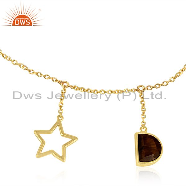 Exporter Tiger Eye Gemstone 925 Silver Gold Plated Lucky Star Charm Chain Bracelet