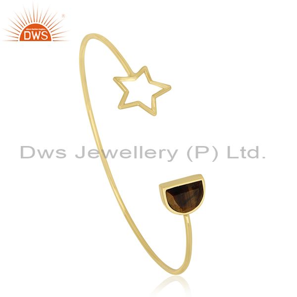 Exporter Tiger Eye Gemstone 925 Silver Gold Plated Star Charm Cuff Bracelet Manufacturers