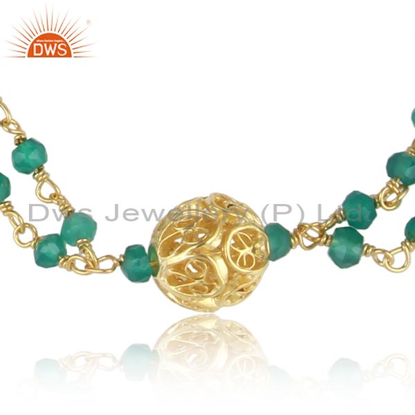 Green Onyx Beads Set Gold On Silver Double Strand Bracelet