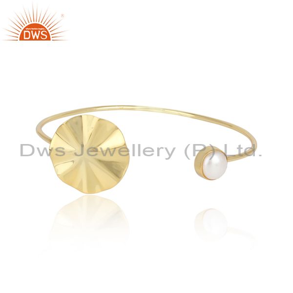 Wavy disc designer gold plated silver pearl gemstone cuff bangles