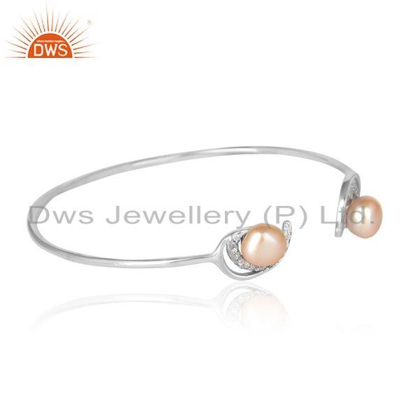 Pink pearl designer dainty cuff in rhodium on silver and cz
