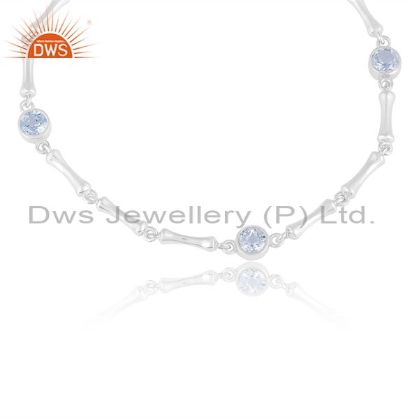 Handmade Bamboo Textured Link Silver Bracelet with Blue Topaz Wholesale