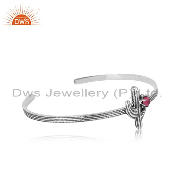 Textured cactus oxidized silver 925 bangle with pink tourmaline