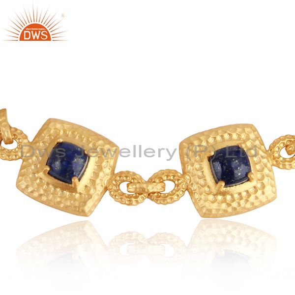 Yellow gold on silver chunky handtextured bracelet with lapis