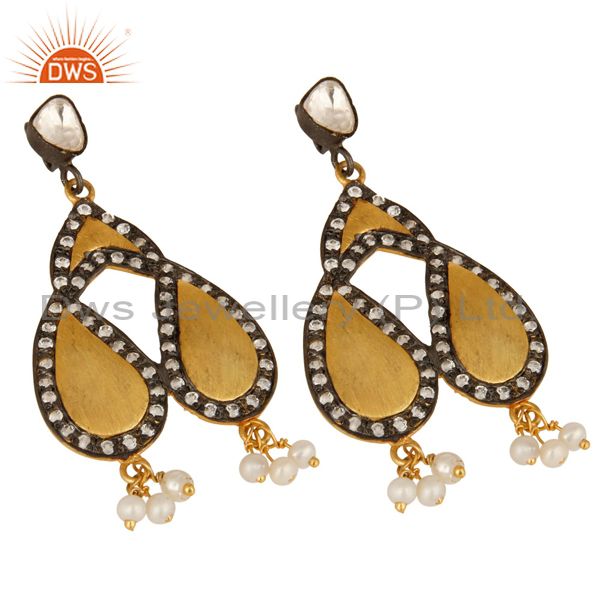 Exporter Natural Pearl & Cubic Zirconia Womens Chandelier Earrings In 18K Gold On Silver