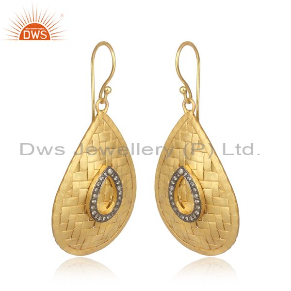 Exporter White Zircon Gold Plated 925 Sterling Silver Weave Teardrop Dangle Earrings