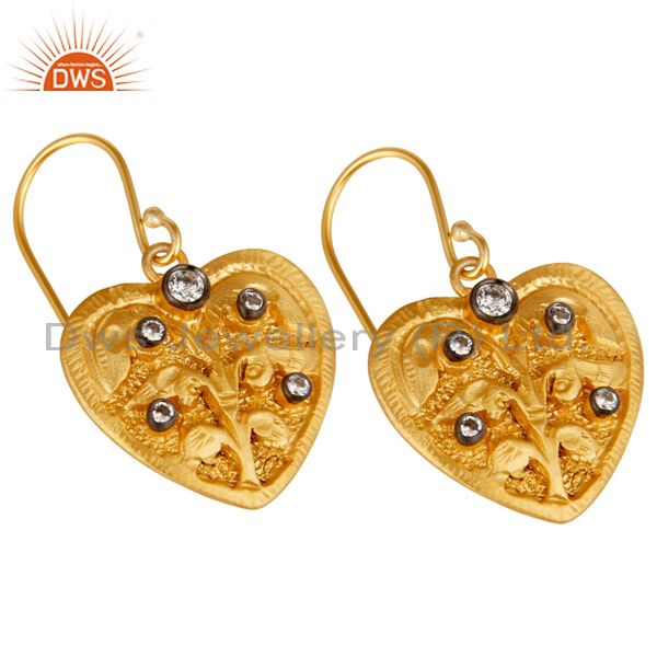 Exporter Handmade 18k Gold Over Heart Design White Zirconia Gemstone Earrings Jewelry