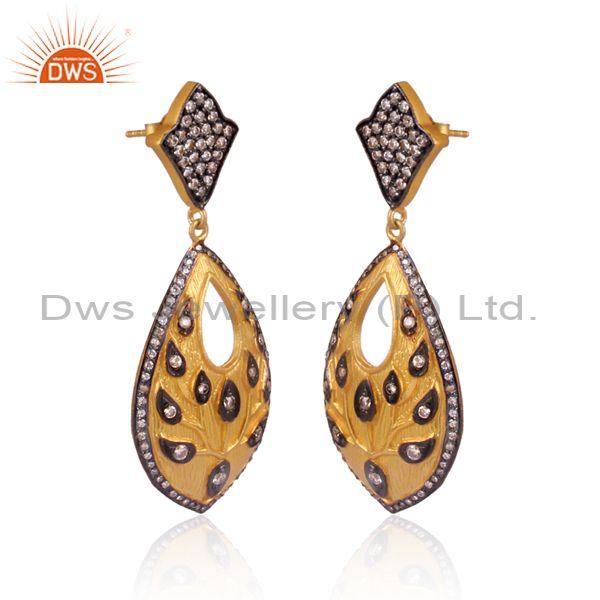 Exporter 18K Yellow Gold Plated Sterling Silver Cubic Zirconia Leaf Drop Earrings
